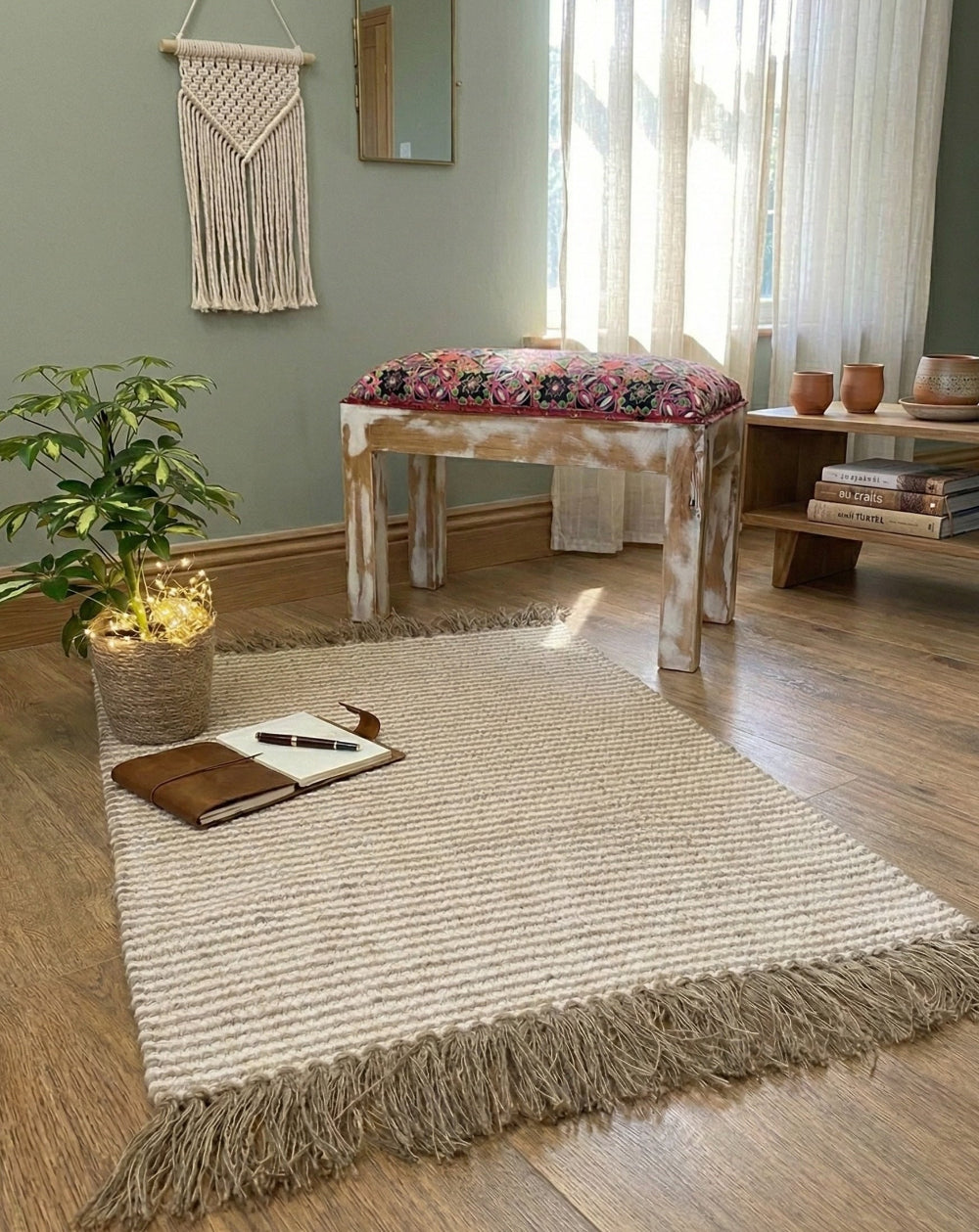 Living room with a textured area rug, wooden bench, and decorative items.
