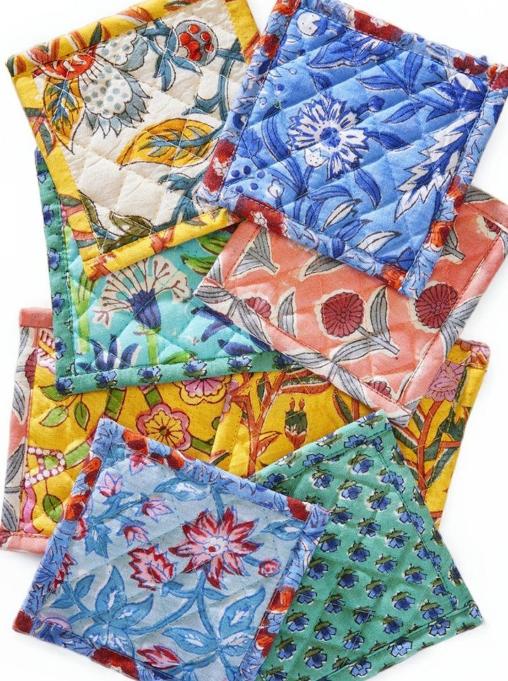 Reversible Floral Block Print Cotton Quilted Coasters X 4