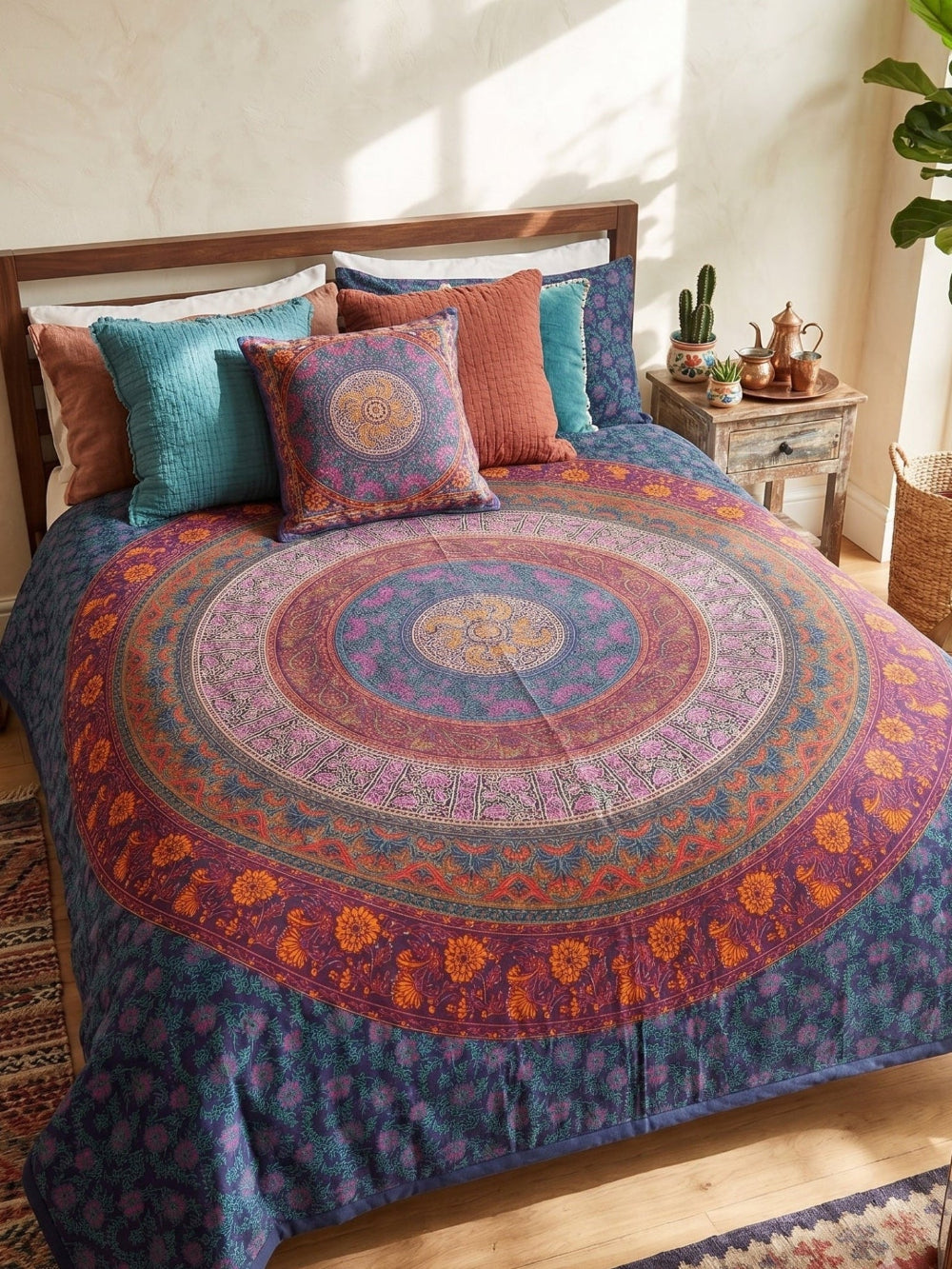 Colorful mandala-patterned throw on a bed in a room with wooden floors and decorative elements.