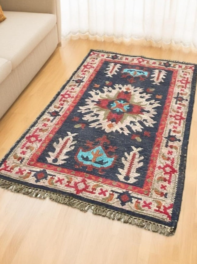 Natural Rug Jute Cotton Geometric Kilim in Multi Colour Pink Red Blue 90 x 155 cm