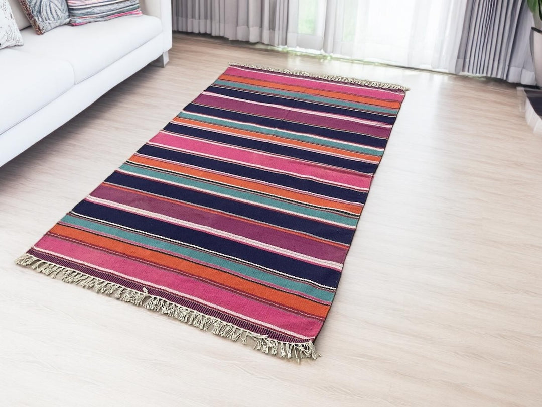 Extra Large Multi Colour Striped Rug Purple Pink and Blues 120 cm x 200 cm