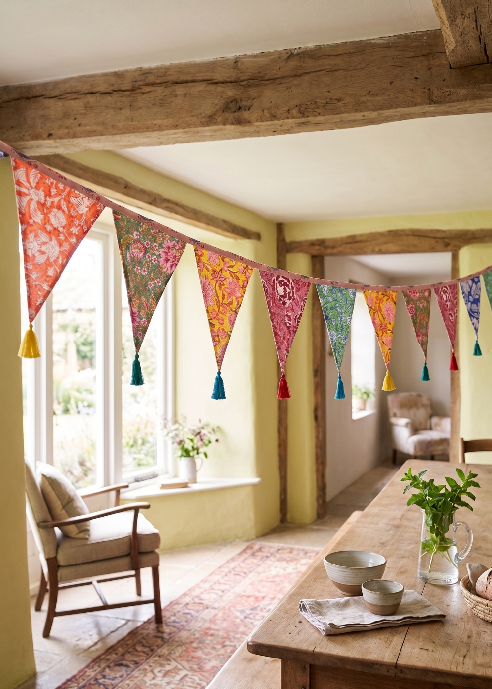 Colourful bunting hanging in a room with wooden beams and a table set for breakfast.