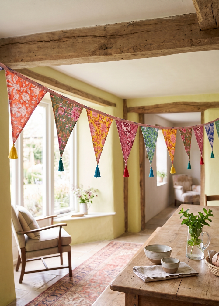 Colourful bunting hanging in a room with wooden beams and a table set for breakfast.