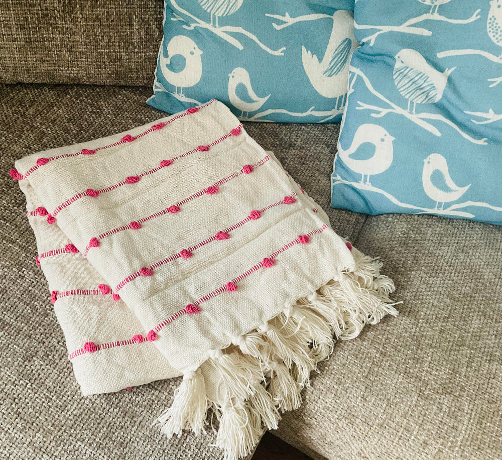 Cotton White Throw with a pink looped striped design