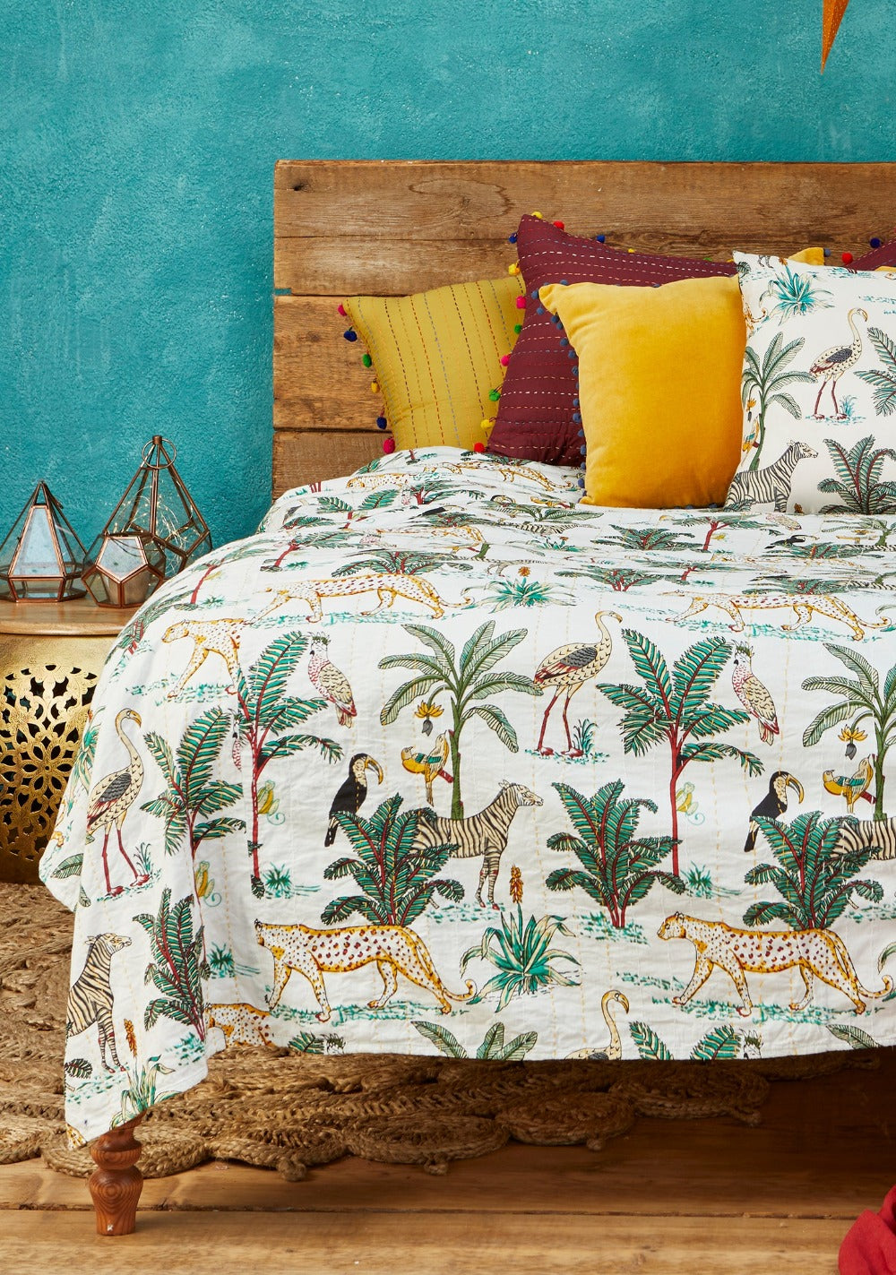 Cream Cotton Kantha Jungle Print Bedcover Throw 200 cm x 230 cm
