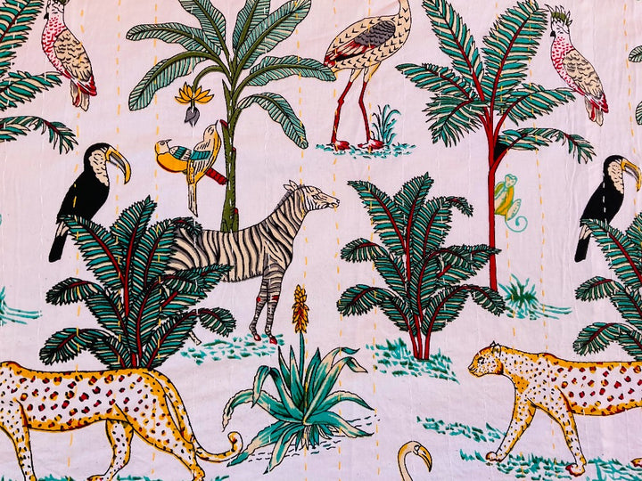 Cream Cotton Kantha Jungle Print Bedcover Throw 200 cm x 230 cm