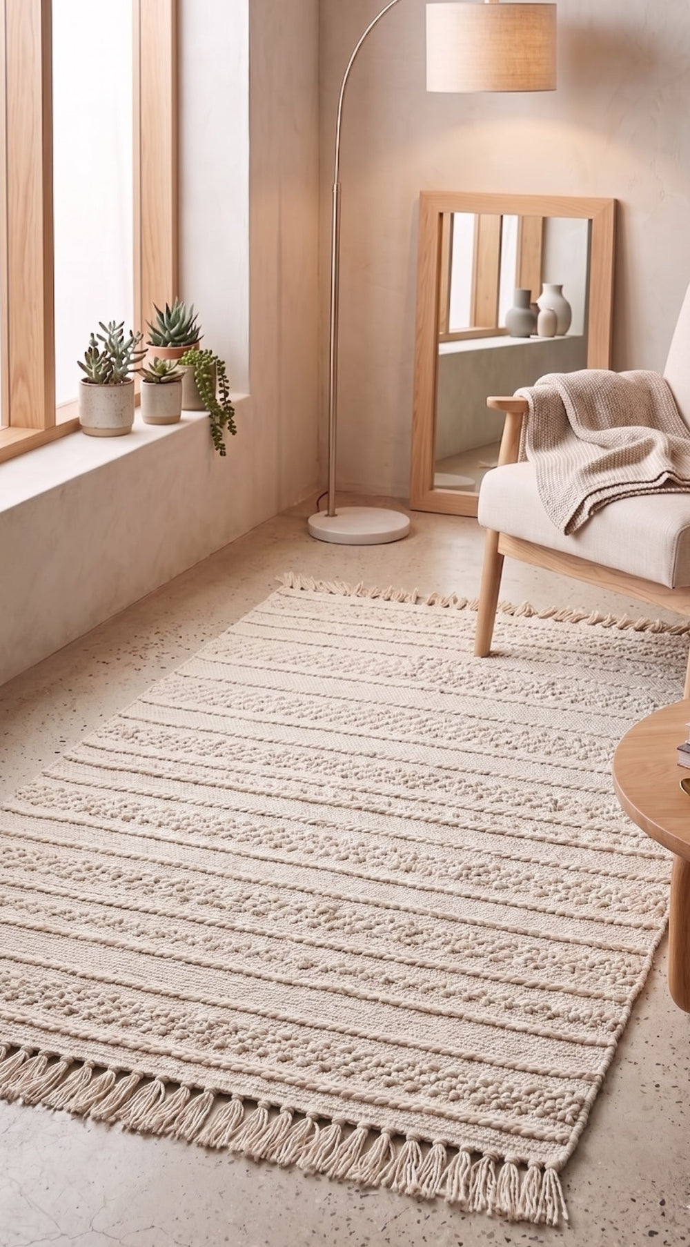 Cream rug with fringe on a light wood floor in a room with a window, chair, and mirror.