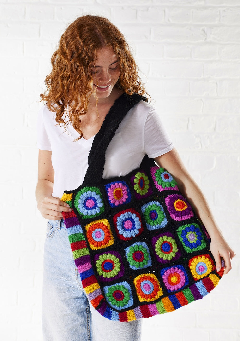 Rainbow Bag Black Wool Crochet Bag Granny Squares 46 cm x 44
