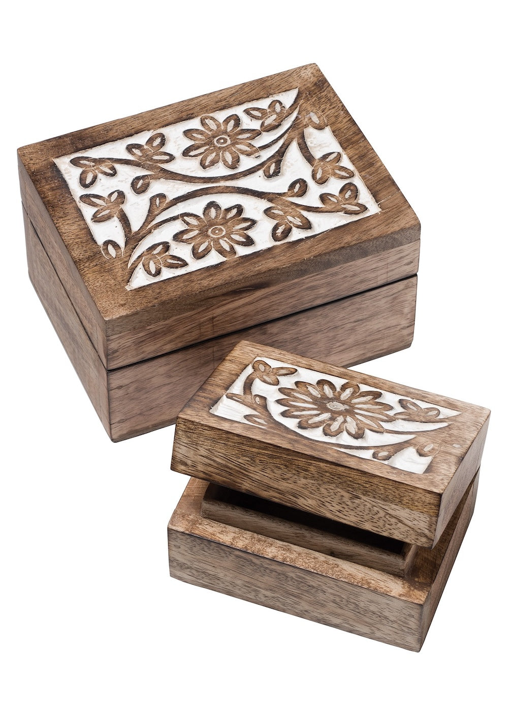 Set of 2 Daisy Design Carved Wooden Boxes