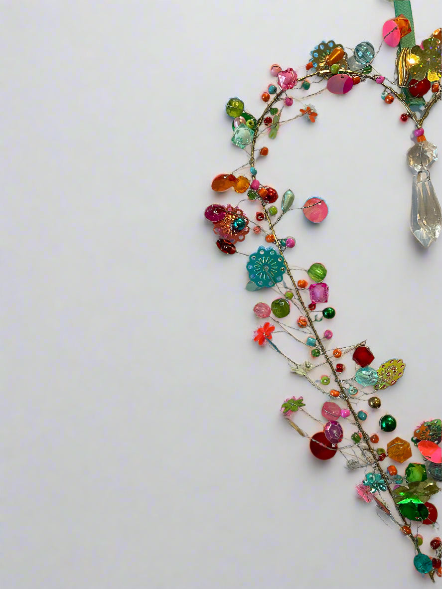 Handmade Beaded Wire Heart Decoration – Multicolour Rainbow Hanging Ornament with Blue Ribbon | Wedding, Valentine & Love Gift (Copy)