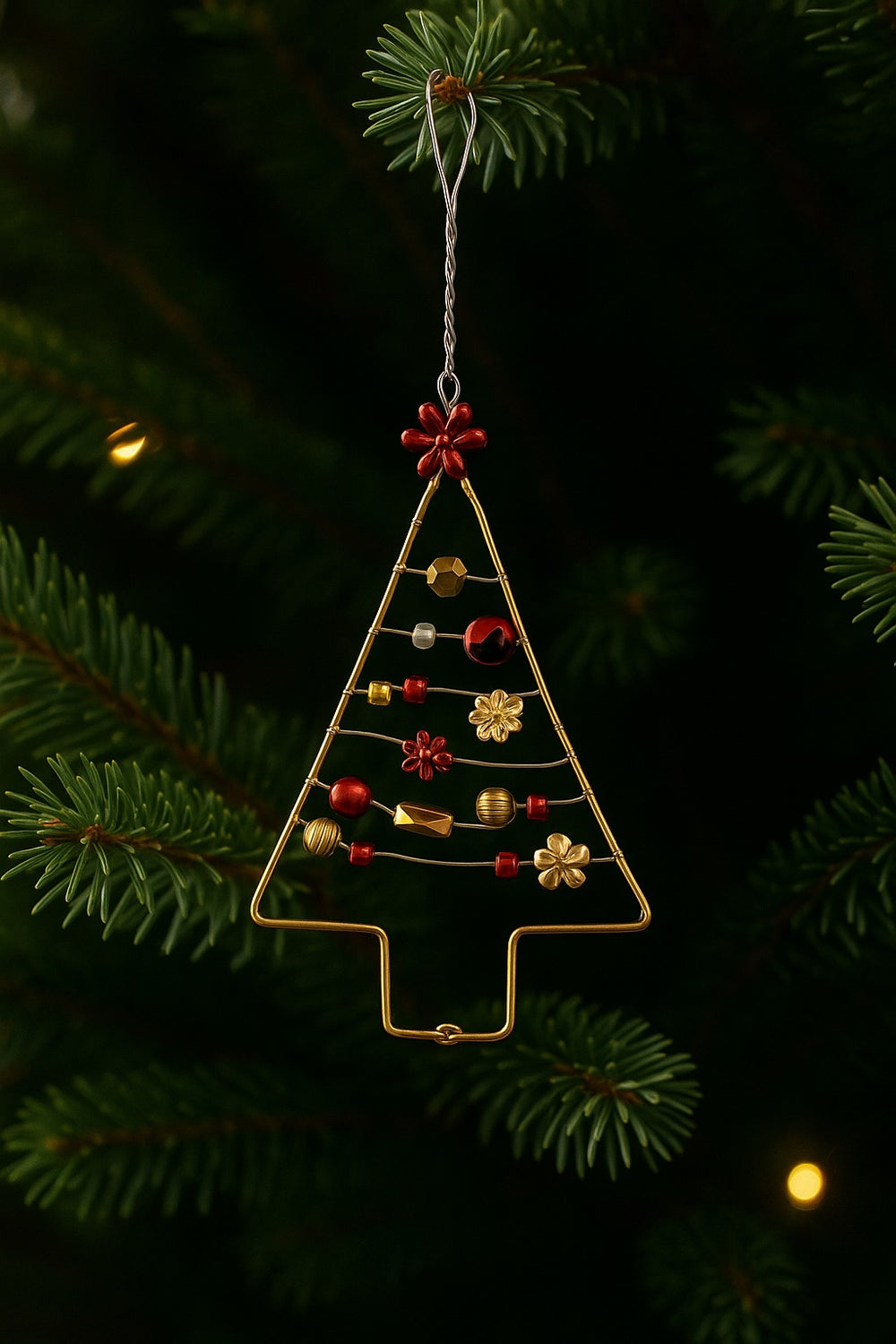 Decorative Christmas tree ornament hanging on a branch with lights in the background