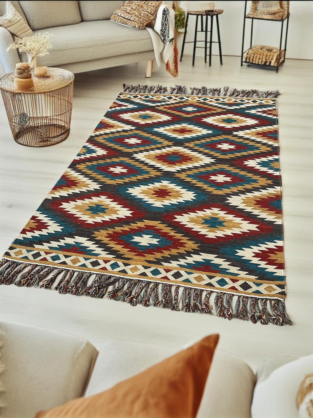 Multi Colour Kilim Rug Handwoven Wool and Cotton with Diamond Geometric Design 120 x 180 cm