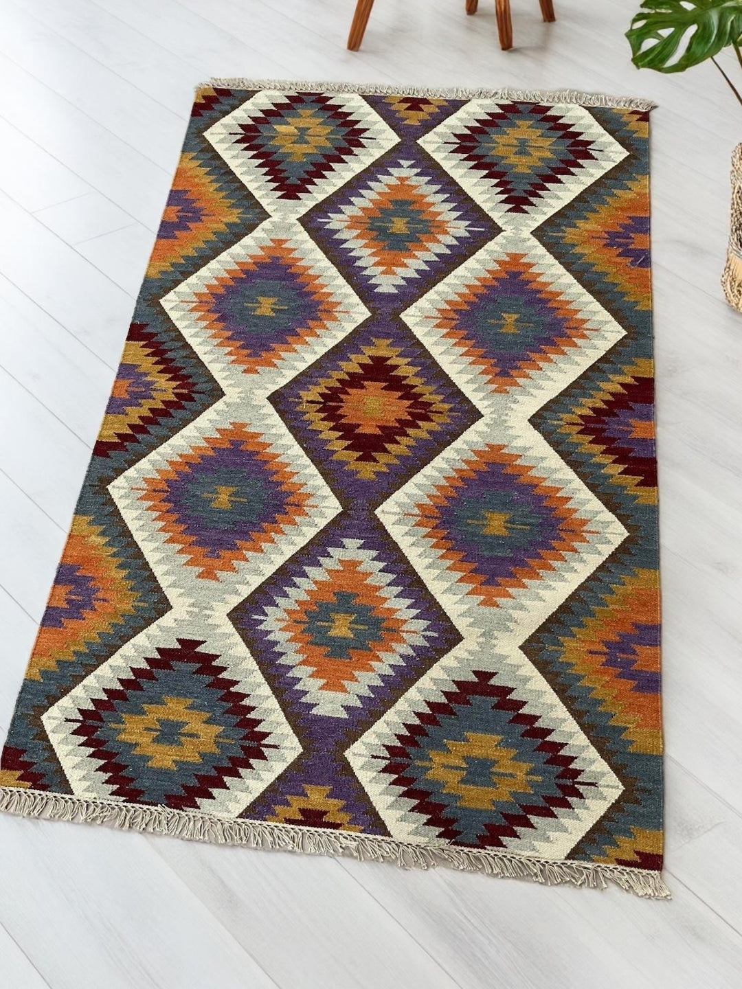 Purple Blue Grey Multi Colour Kilim Rug Handwoven Wool and Cotton with Geometric Design 120 cm x 180 cm