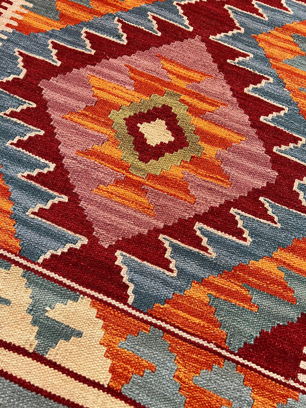 Close-up of a colorful patterned rug with geometric design