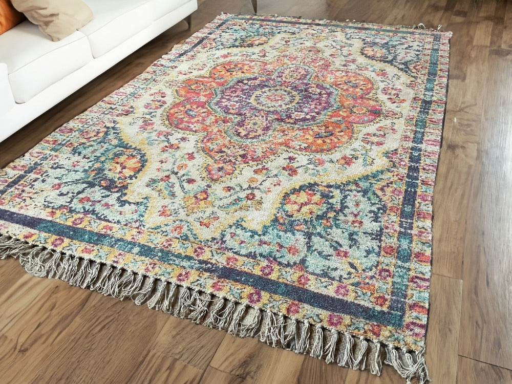 Colours Rug Digital Natural Cotton Blue Yellow Multi Colour Geometric Design Digital Print ...