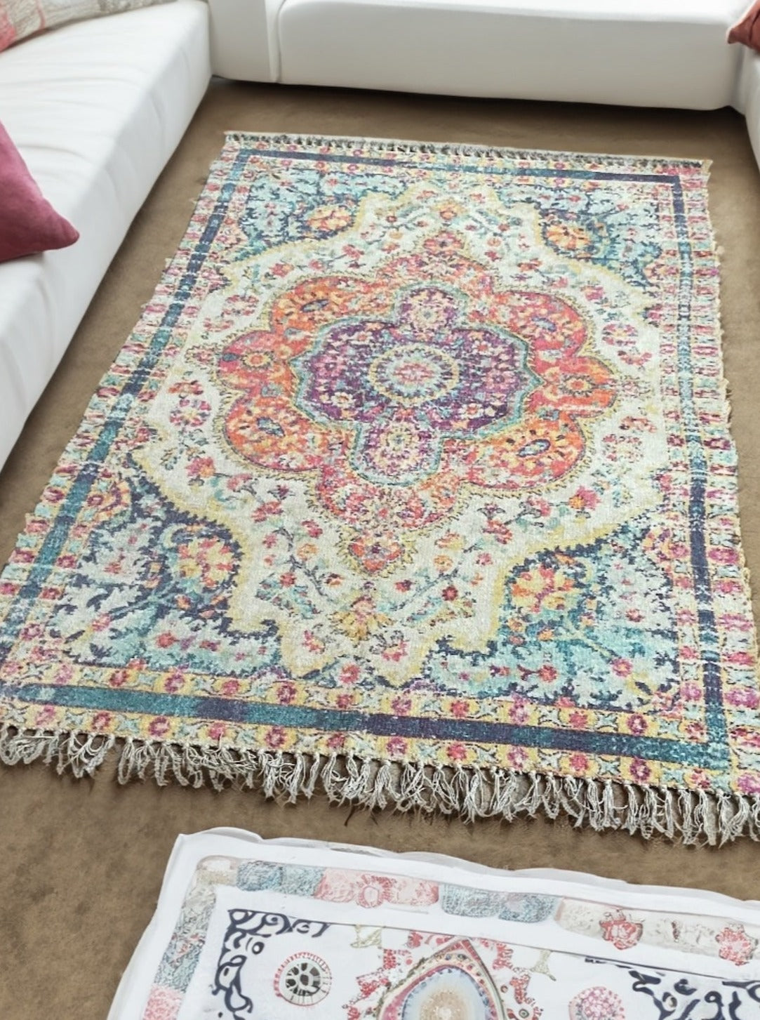 Colours Rug Digital Natural Cotton Blue Yellow Multi Colour Geometric Design Digital Print ...