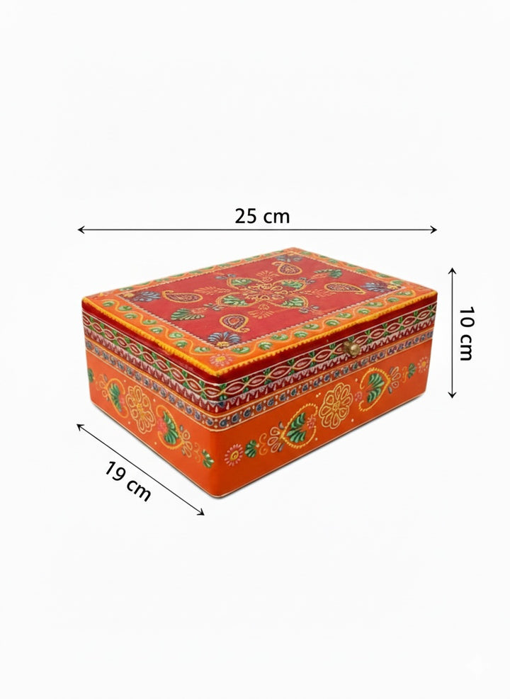 Decorative rectangular box with colourful patterns and dimensions on a white background