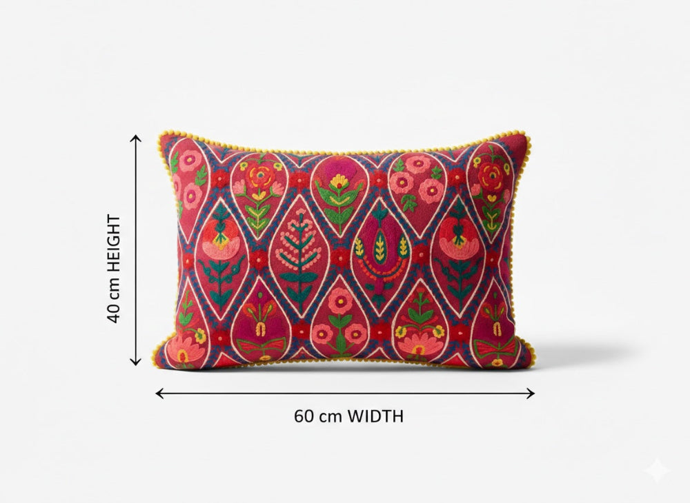 Decorative pillow with floral pattern and measurements on a white background