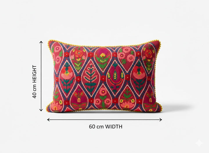 Decorative pillow with floral pattern and measurements on a white background