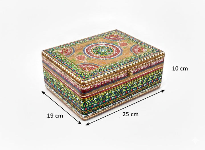 Decorative box with intricate patterns and measurements on a white background