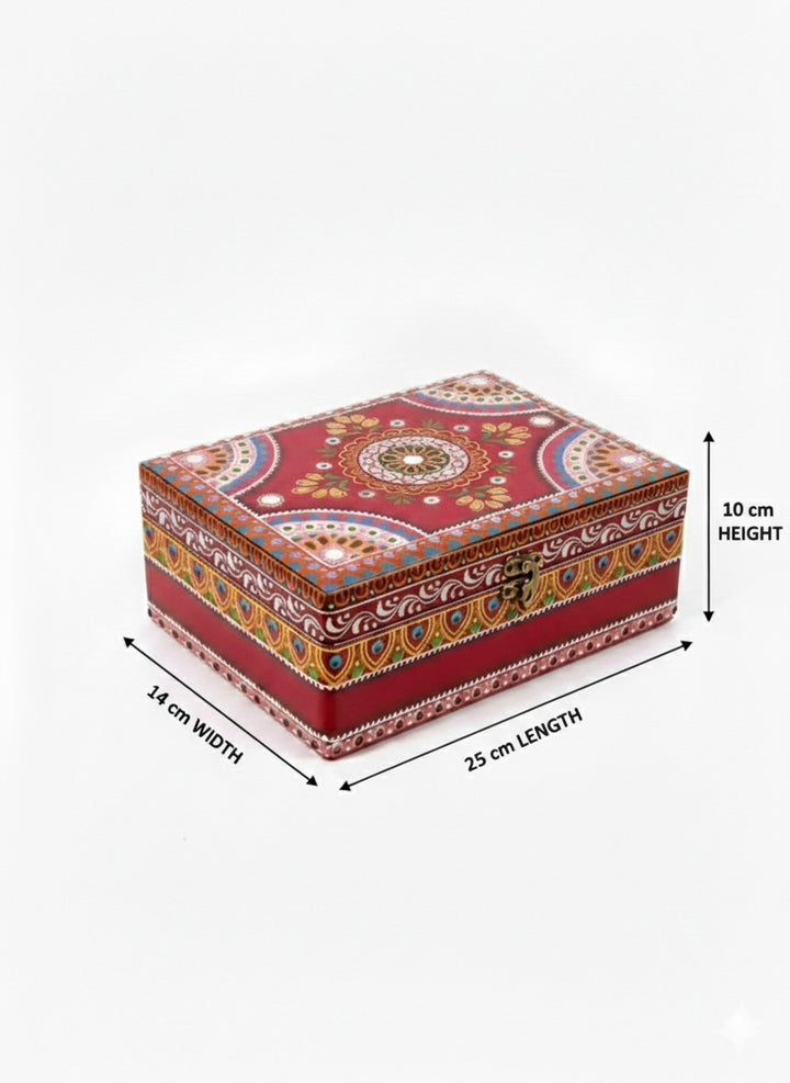 Decorative box with intricate patterns and measurements on a white background
