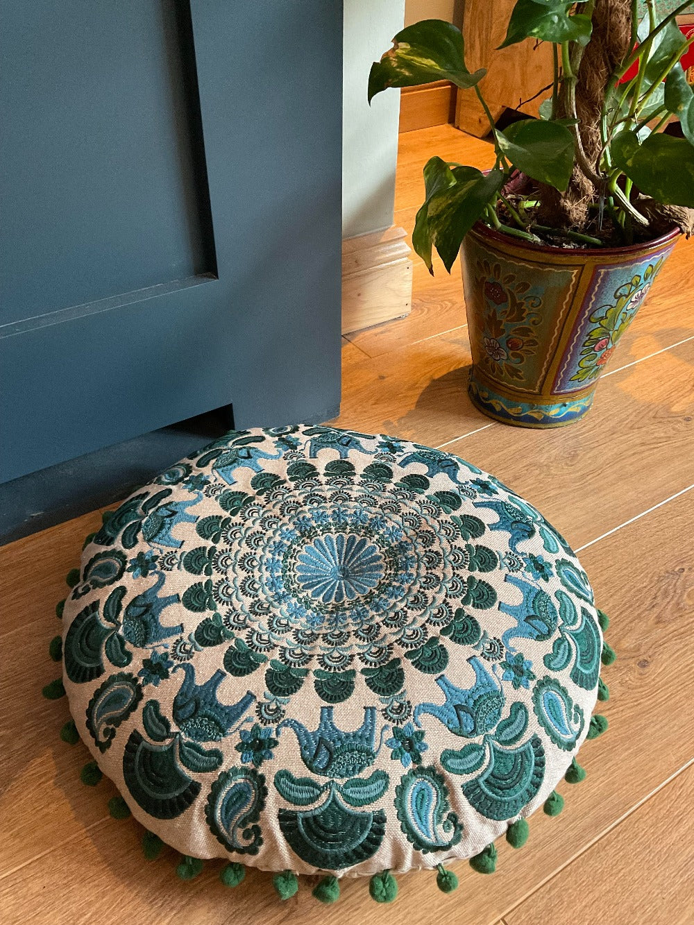 Mandala Yoga Round Cushion With Pom Pom and Elephant Design