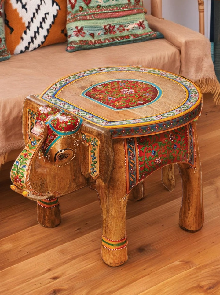 Small Elephant Stool or Side Table Indian Hand Painted Design