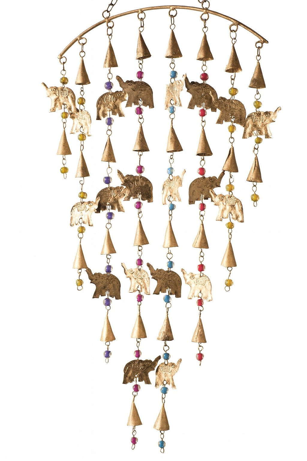 Decorative hanging mobile with elephants and triangles on a white background