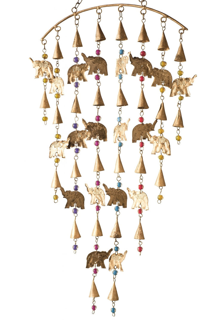 Decorative hanging mobile with elephants and triangles on a white background