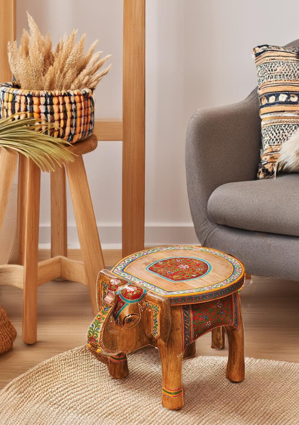 Small Elephant Stool or Side Table Indian Hand Painted Design