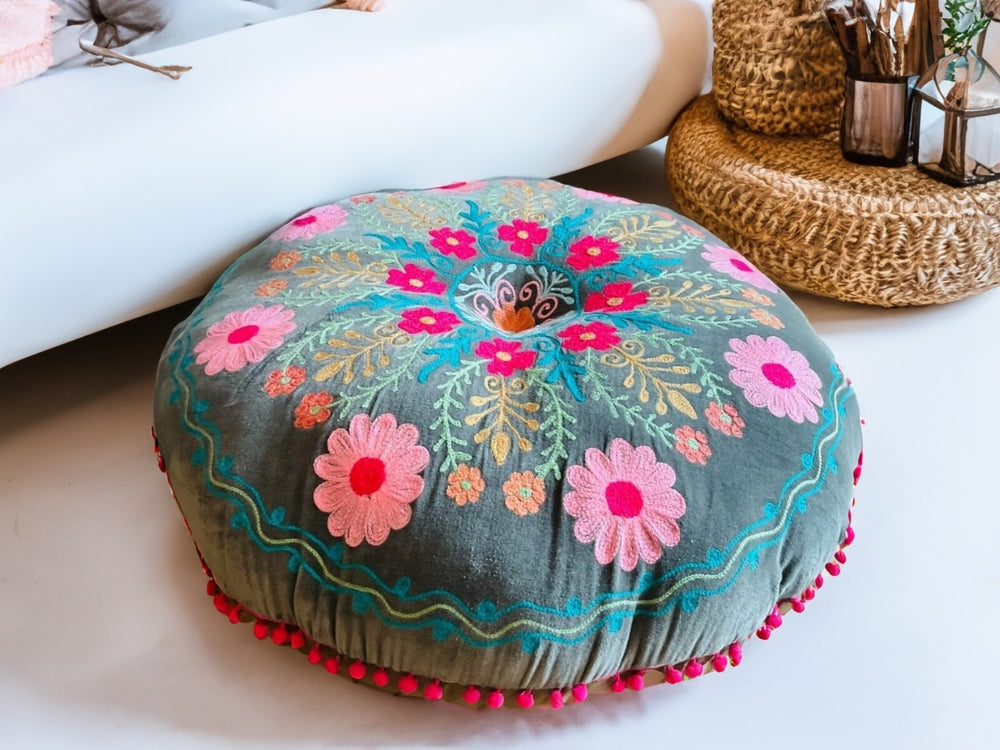 Embroidered Grey Pouffe Cushion Second Nature Online