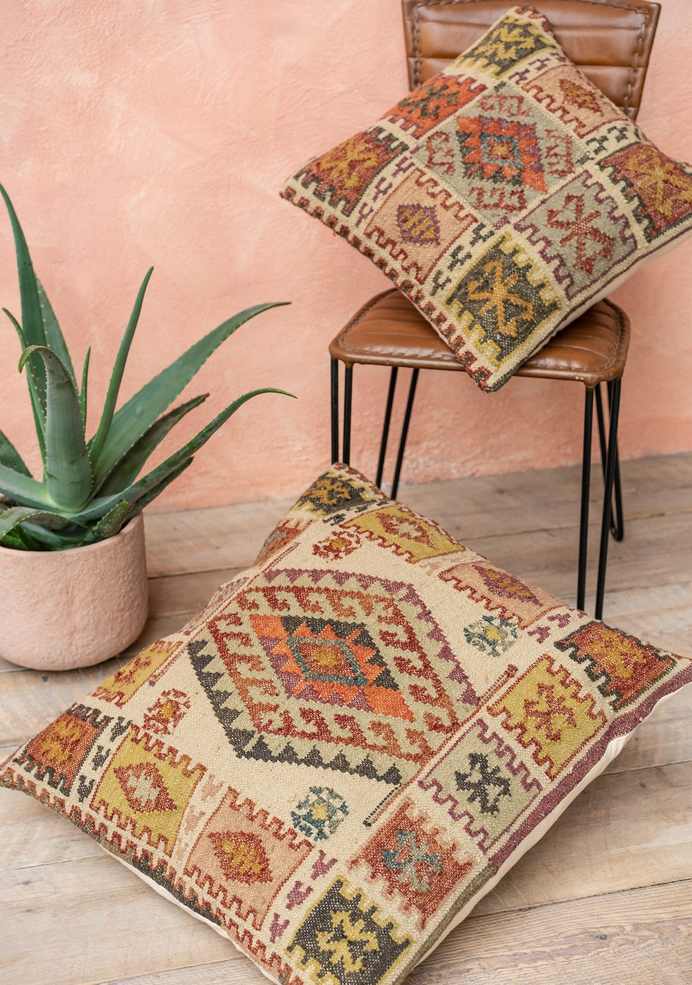 Extra Large/Floor Cushion Cover Brown Red Mustard Natural Multi Colour Kilim PET Yarn 70 x 70cm