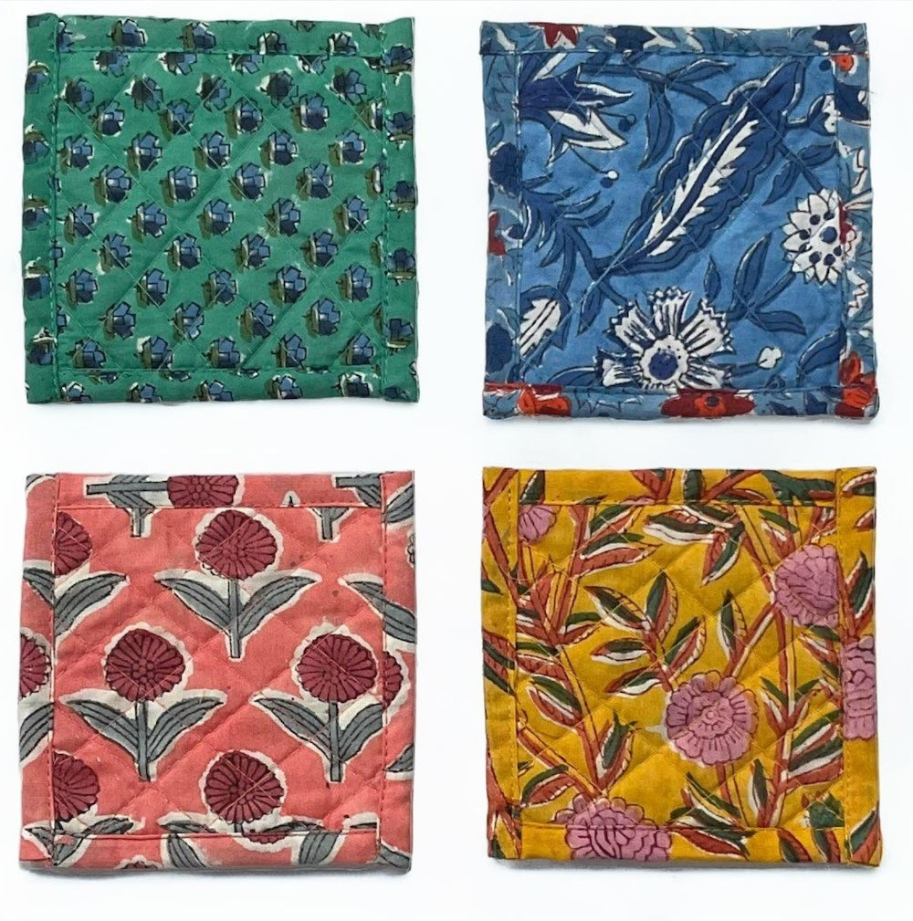 Reversible Floral Block Print Cotton Quilted Coasters X 4