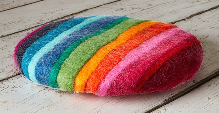 Hand Crafted 100% Wool Felt Round Rainbow Pre Filled Cushion 35 cm x 35 cm x 3 cm