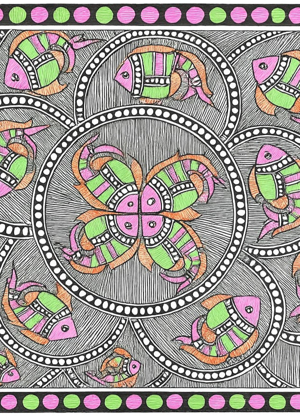 Traditional Authentic Indian Painting Abstract Symmetry Fish Multi Colour Painting Only Madhubani artwork on Paper