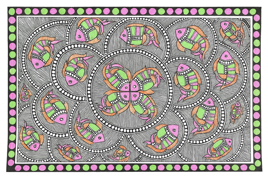 Traditional Authentic Indian Painting Abstract Symmetry Fish Multi Colour Painting Only Madhubani artwork on Paper