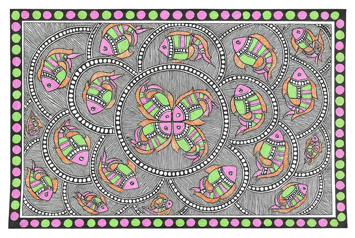 Traditional Authentic Indian Painting Abstract Symmetry Fish Multi Colour Painting Only Madhubani artwork on Paper