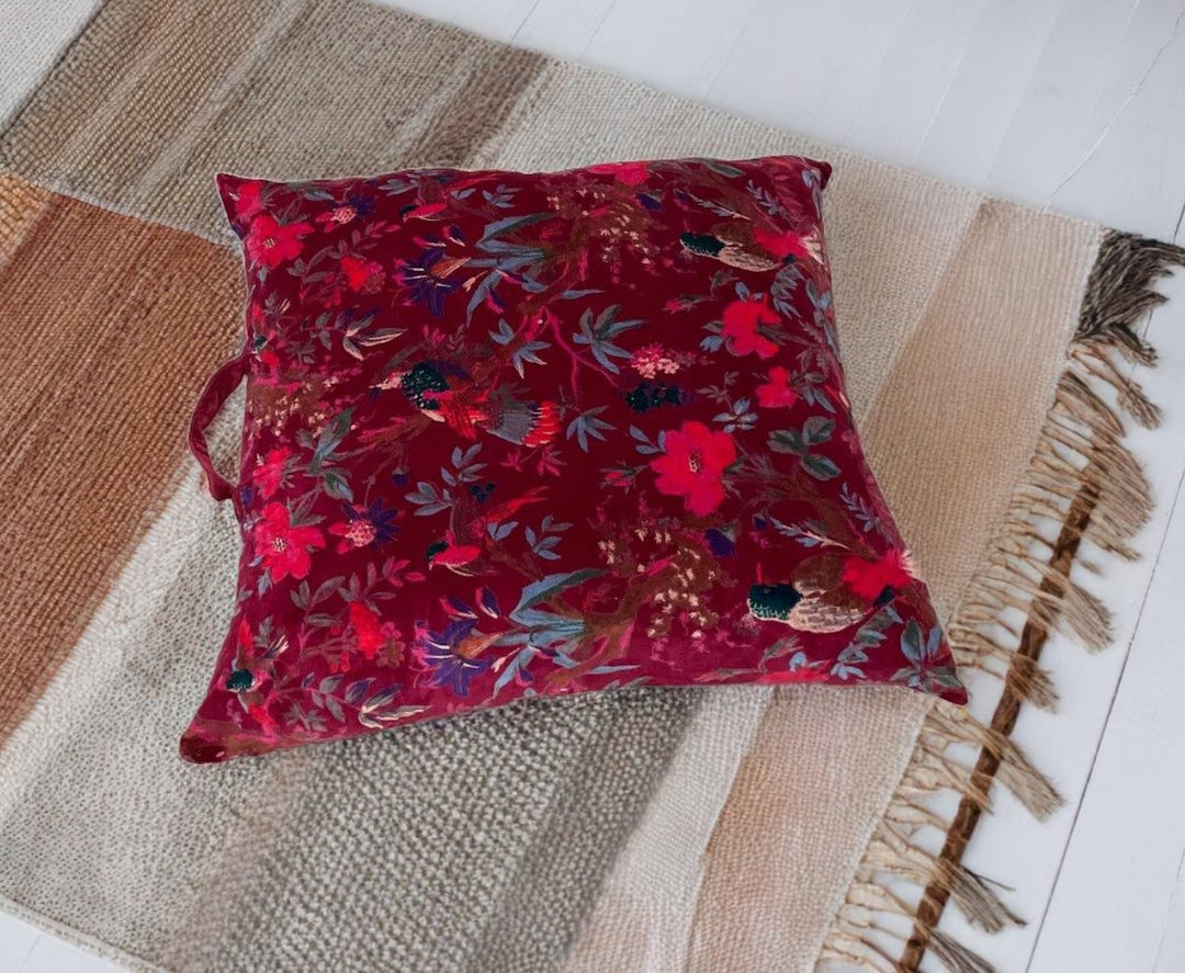 Maroon Red Large Floor Cushion Cotton Velvet Bird Of Paradise Design 75 cm x 75 cm