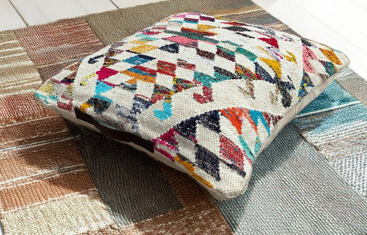 Large Kilim Floor Cushion Cream Rainbow Geometric Design 70 x 70 cm