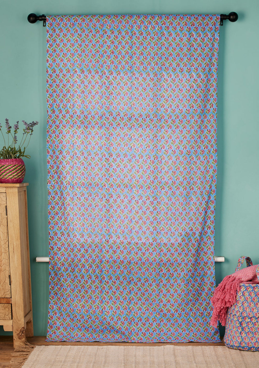 Floral Cotton Curtain Drape in Blue and Multi Colours - Second Nature Online