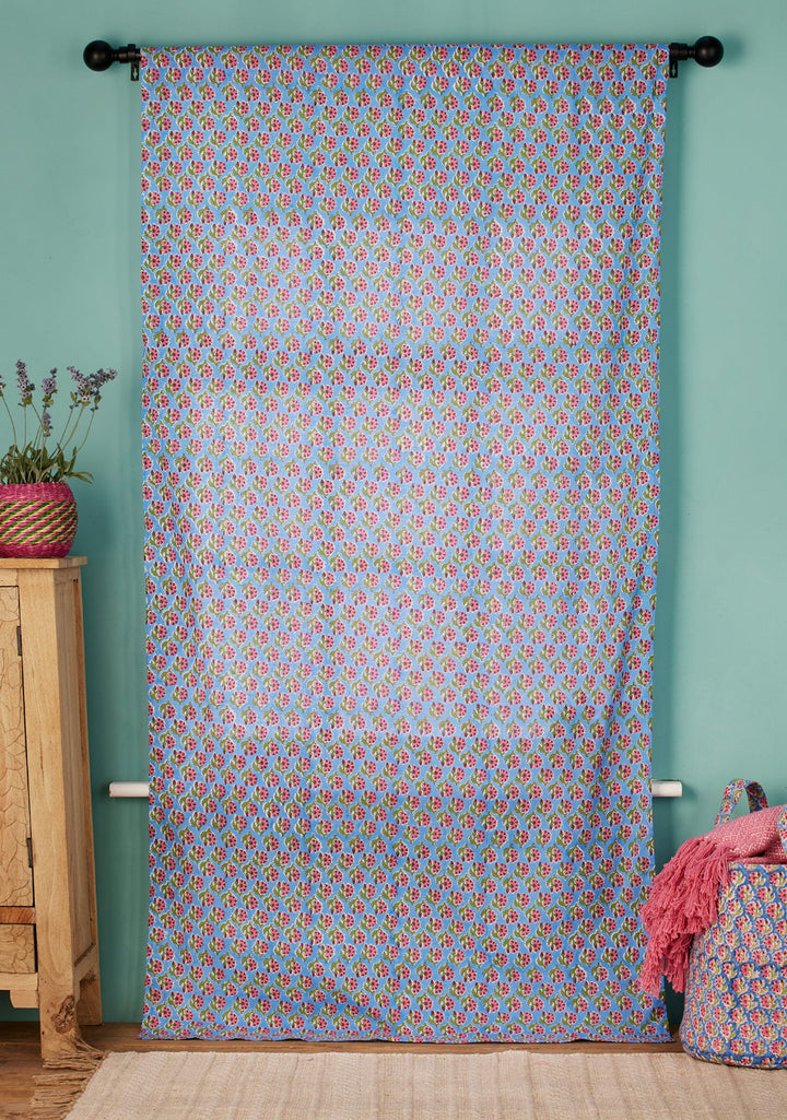 Floral Cotton Curtain Drape in Blue and Multi Colours - Second Nature Online