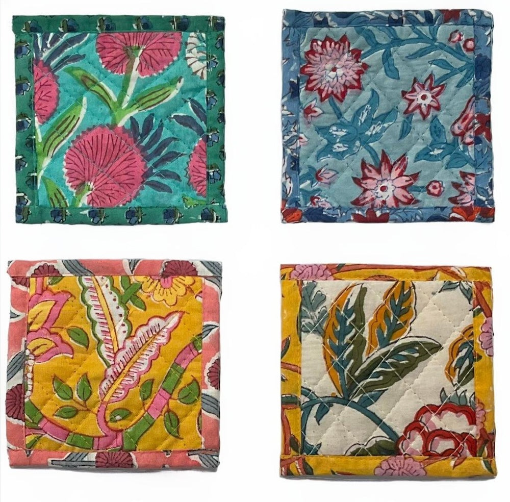 Reversible Floral Block Print Cotton Quilted Coasters X 4