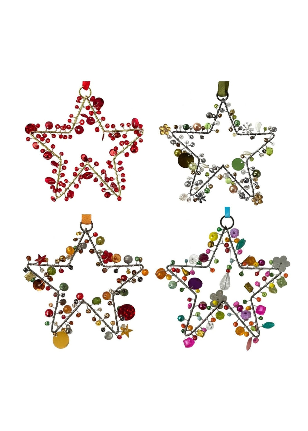 Four star-shaped decorative items with colourful embellishments on a white background