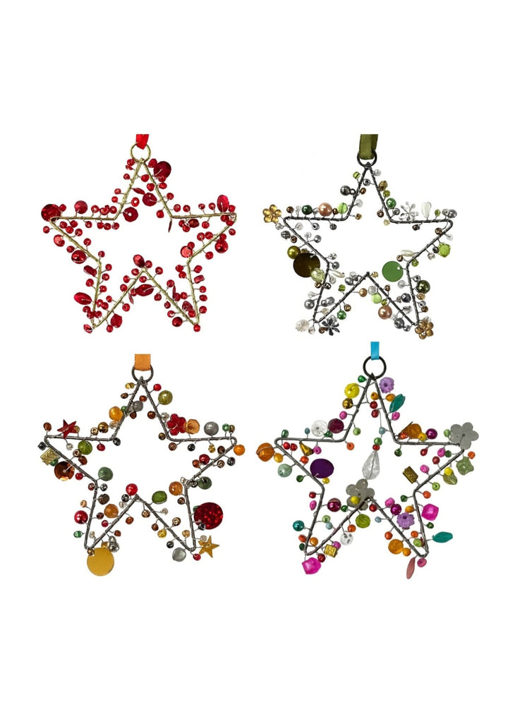 Four star-shaped decorative items with colourful embellishments on a white background