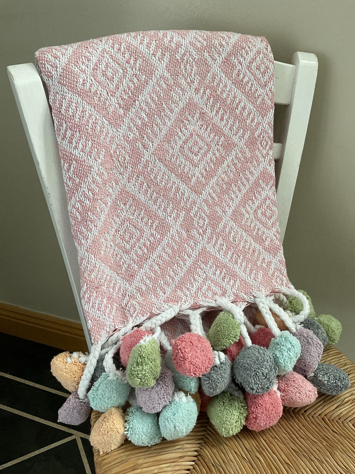 Rose Pink Recycled Cotton Throw with Multi Colour Pom Poms