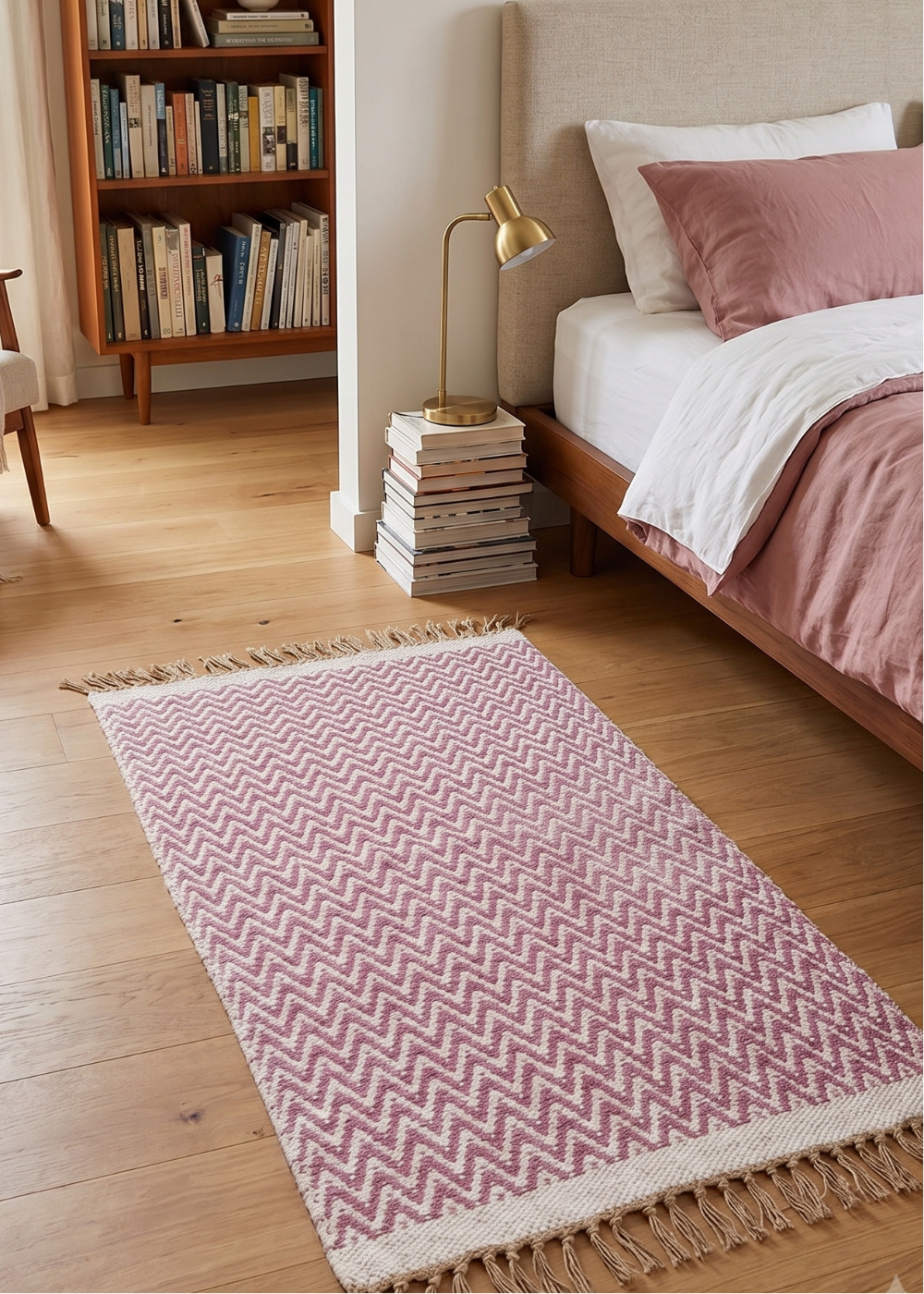 GRETA Soft Bedroom Rug Magenta Light Pink Herringbone Pattern 70 cm x 115 cm