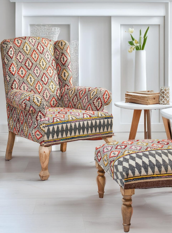 Large Footstool Seat Geometric Embroidered Pattern Made From Cotton and Mango Wood