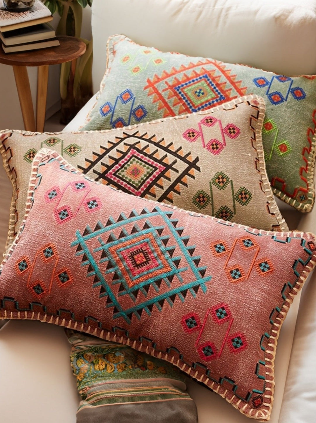 Stonewash Cushion Cover with Indian Embroidery Detail