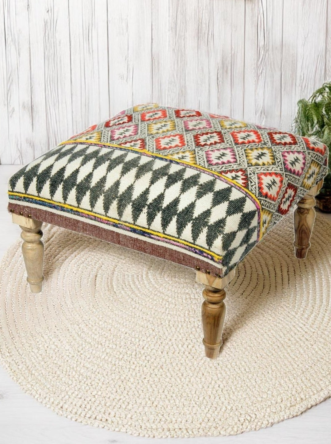 Large Footstool Seat Geometric Embroidered Pattern Made From Cotton and Mango Wood