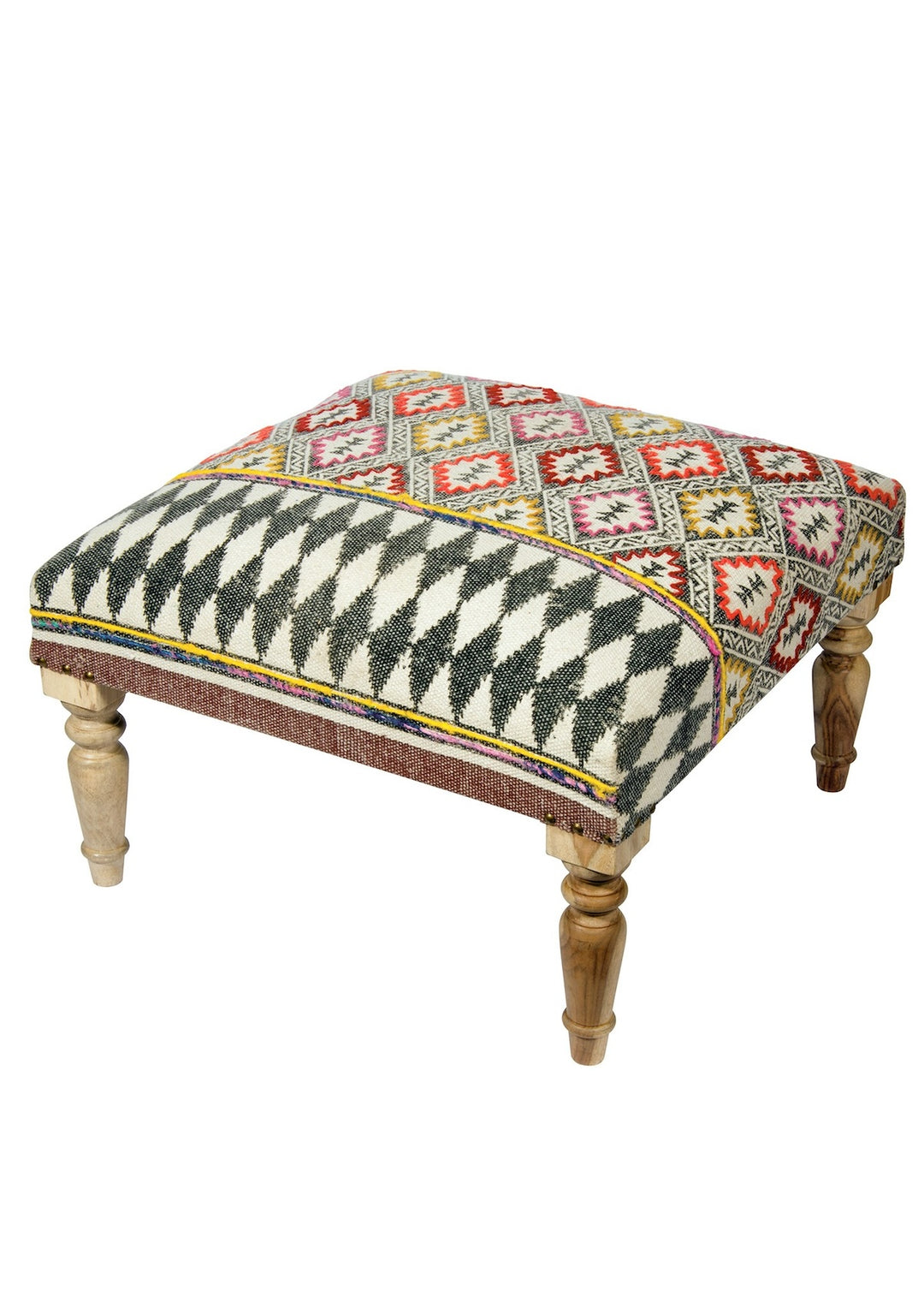 Large Footstool Seat Geometric Embroidered Pattern Made From Cotton and Mango Wood